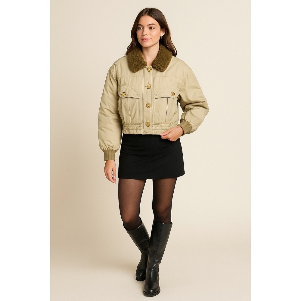Princess Polly Sherpa Collar Bomber Jacket S/M Cropped Utility Cinchedβ Waist
